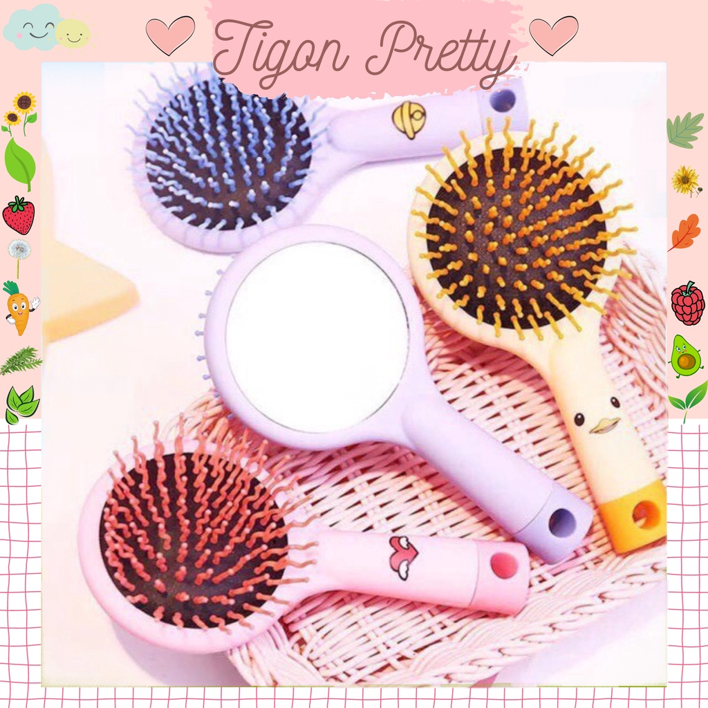 Lược chải kèm gương massage gỡ rối, bàn chải S-curled cao cấp chống rụng tóc