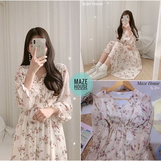 Váy hoa nhí 💖ẢNH THẬT💖 Đầm hoa vintage- Đầm tiểu thư dáng dài cổ tim 2 lớp(cúc hạt)