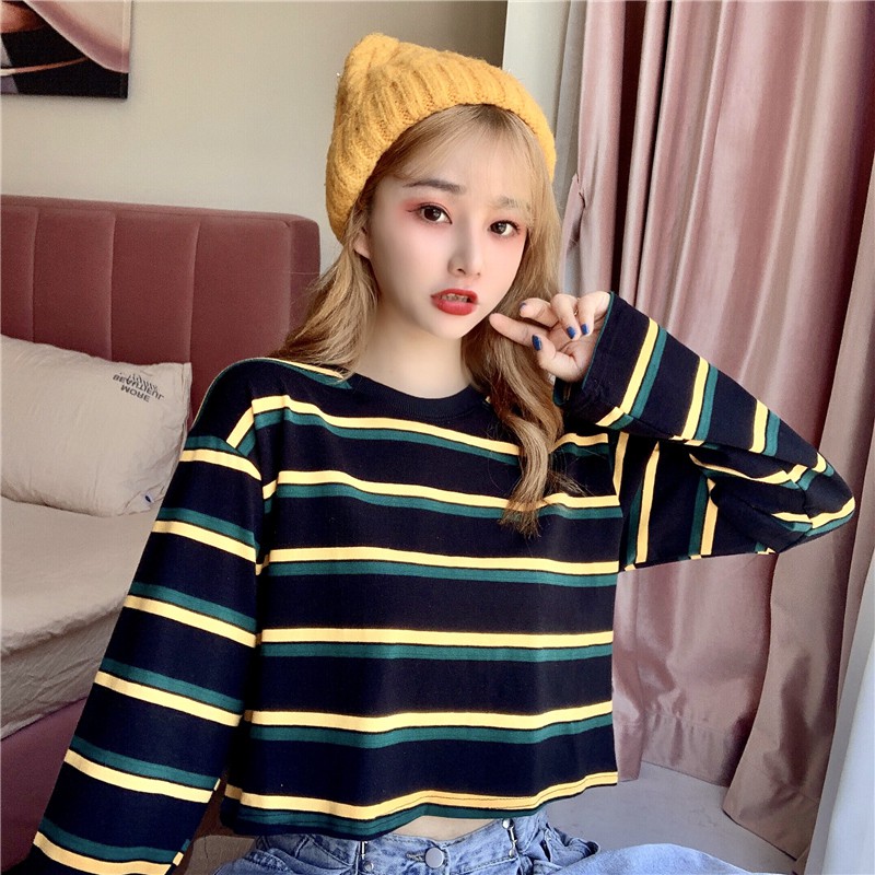 Long Sleeve Striped T-shirt loose retro fashion crew neck | BigBuy360 - bigbuy360.vn