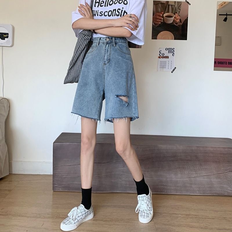 AMOI Quần Short Denim Lưng Cao Ống Rộng Phối Rách Thời Trang Hàn Quốc Cho Nữ