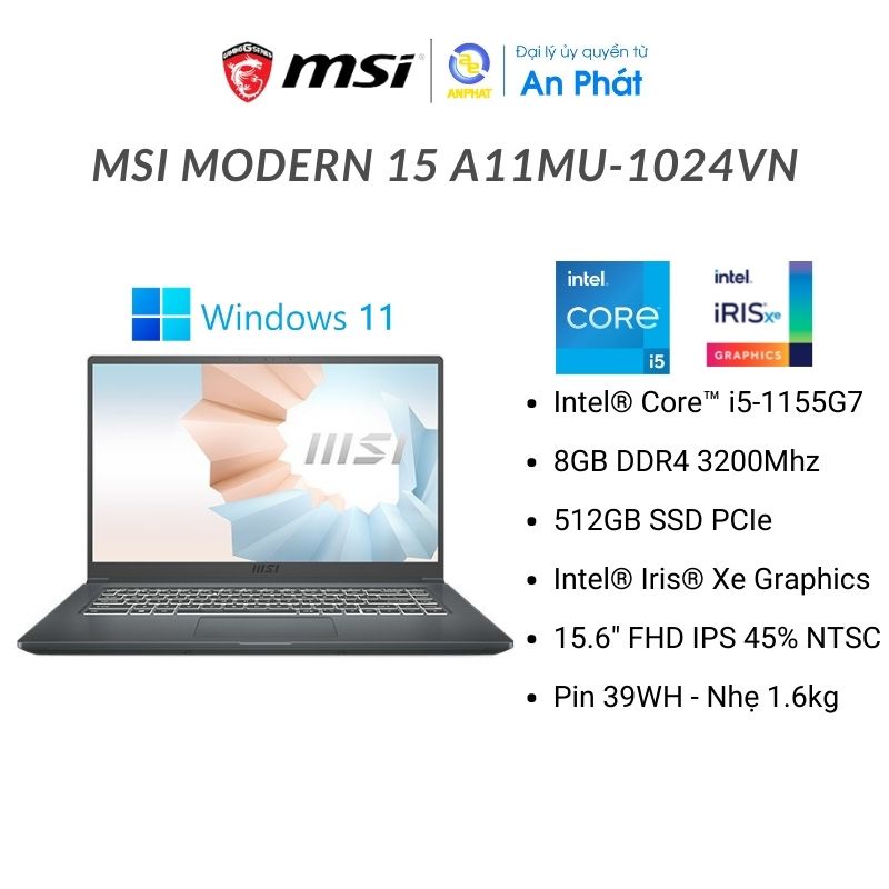 Laptop MSI Modern 15 A11MU-1024VN (Core™ i5-1155G7 + 15.6 inch FHD )