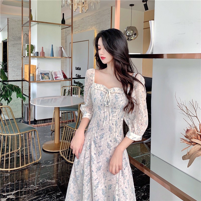 Váy hoa dài cổ điển phong cách nàng thơ kiểu Pháp