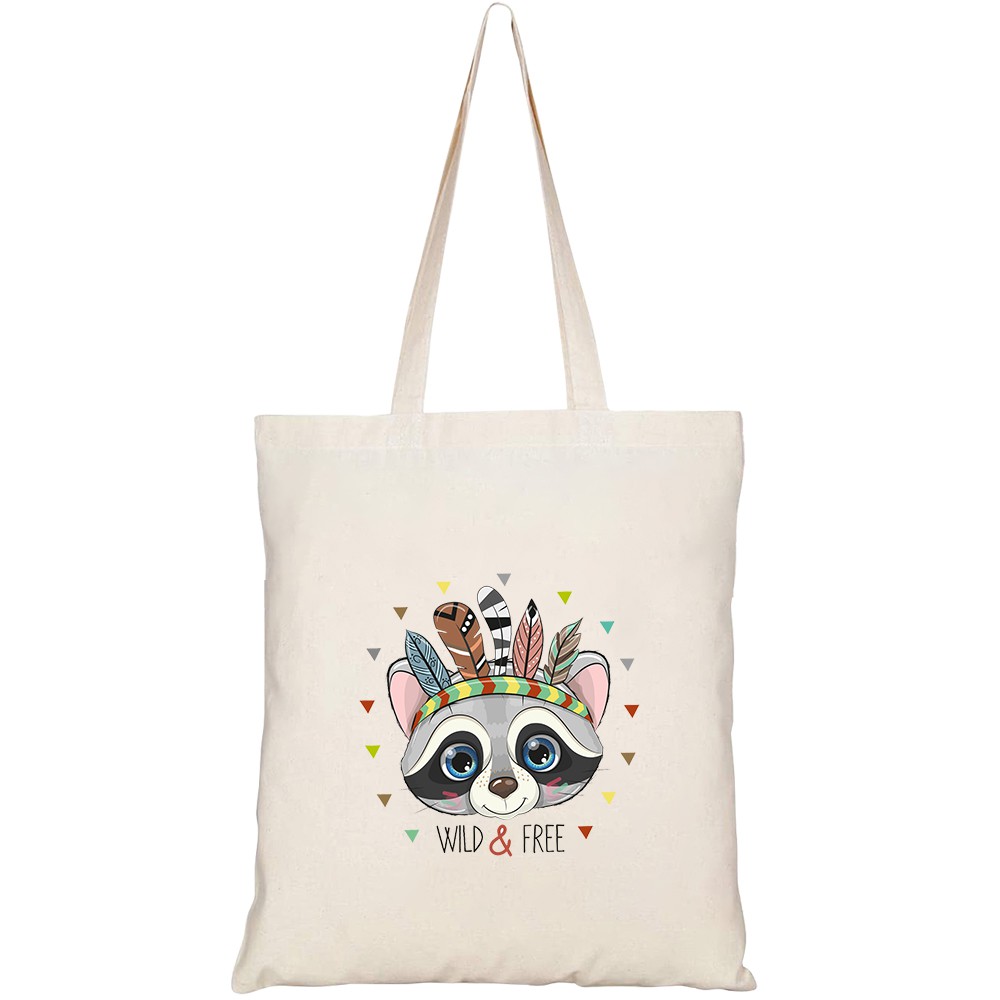 Túi vải tote canvas HTFashion in hình cute cartoon tribal raccoon feathers HT344