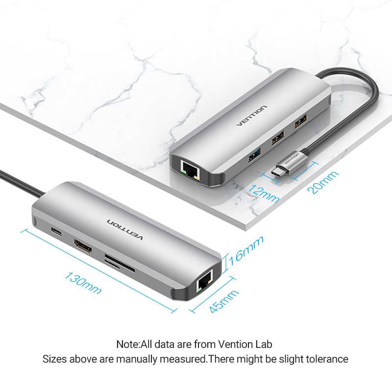 Bộ HUB Vention Đa Cổng 8 Trong 1 USB C/HDMI/USB 3.0/RJ45/SD/TF/PD Cho Laptop PC