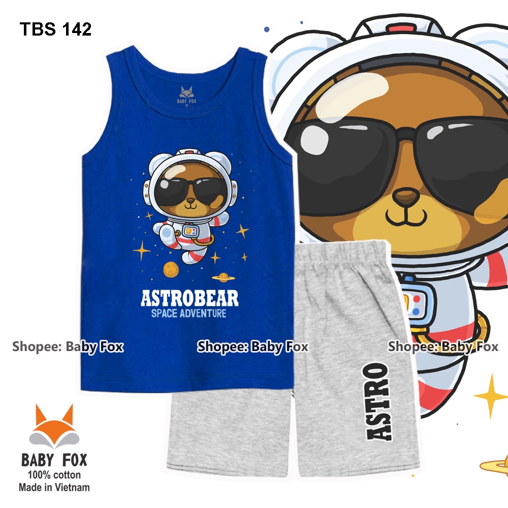 Bộ bé trai sát nách 100% cotton loại tốt, thương hiệu BABY FOX, hình vũ trụ, size 10-55kg g
