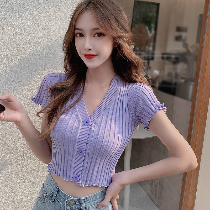 Áo Croptop Dệt Kim Dáng Ôm Cổ Chữ V Xẻ Tà Quyến Rũ Cho Nữ