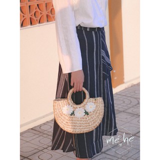 Chân váy linen sọc phối mảnh