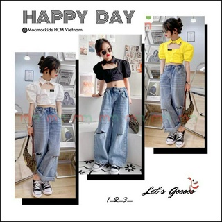 Quần ống rộng cho bé gái jean rách gối chất mềm cao cấp phía sau lưng chun form chuẩn bé 23kg đến 44kg