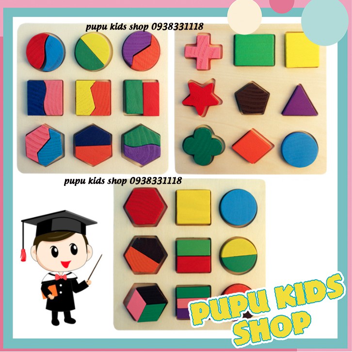 Combo 3 Bảng Xếp Gỗ Hình Học - Đồ Chơi Phát Triển Trí Tuệ Cho Bé