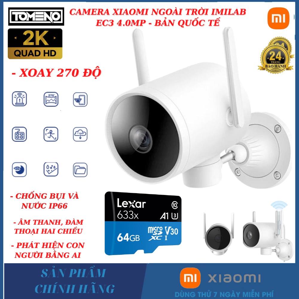 Camera wifi ip XIAOMI ngoài trời EC3 FULLHD 2K - 4.0MP , xoay 270 độ , đàm thoại 2 chiều , cảm biến AI thông minh