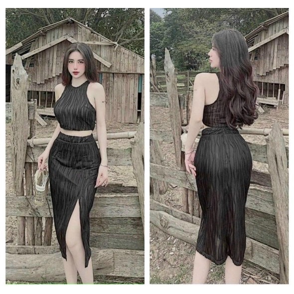 set bộ xốp áo ba lỗ chân váy dài xẻ tà sexy đẹp l