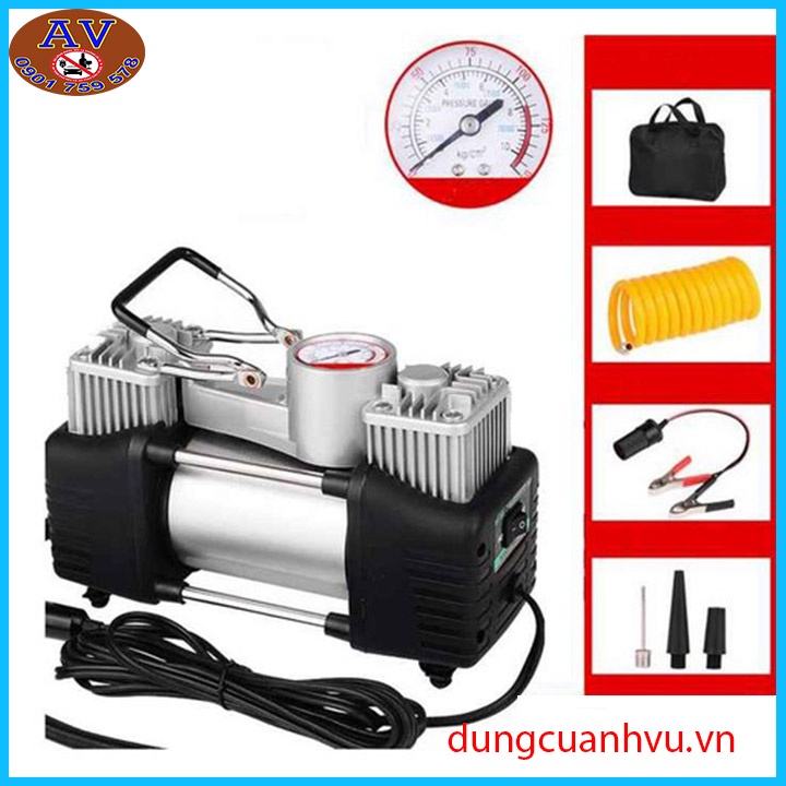 Bơm xe ô tô 2 xi lanh cao cấp, máy bơm lốp ô tô mini lõi đồng cao cấp