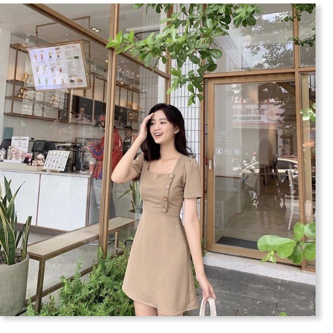 ĐẦM SUÔNG NỮ CỔ VUÔNG PHỐI NÚT TAY LỠ TÔN DÁNG CỰC HOT