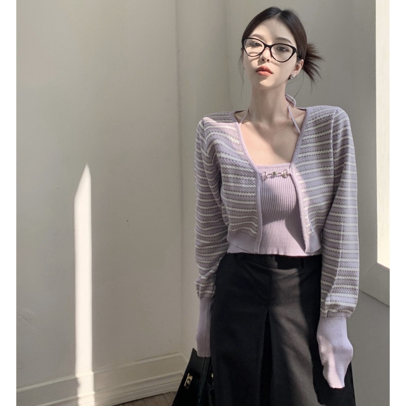 Áo Cardigan Dệt Kim Họa Tiết Kẻ Sọc Thời Trang Mùa Thu