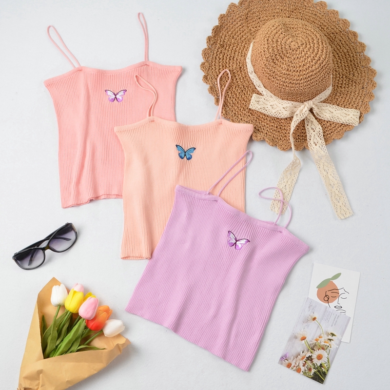 SUXI Áo hai dây dệt kim mùa hè họa tiết bướm thêu nhiều màu sắc tùy chọn