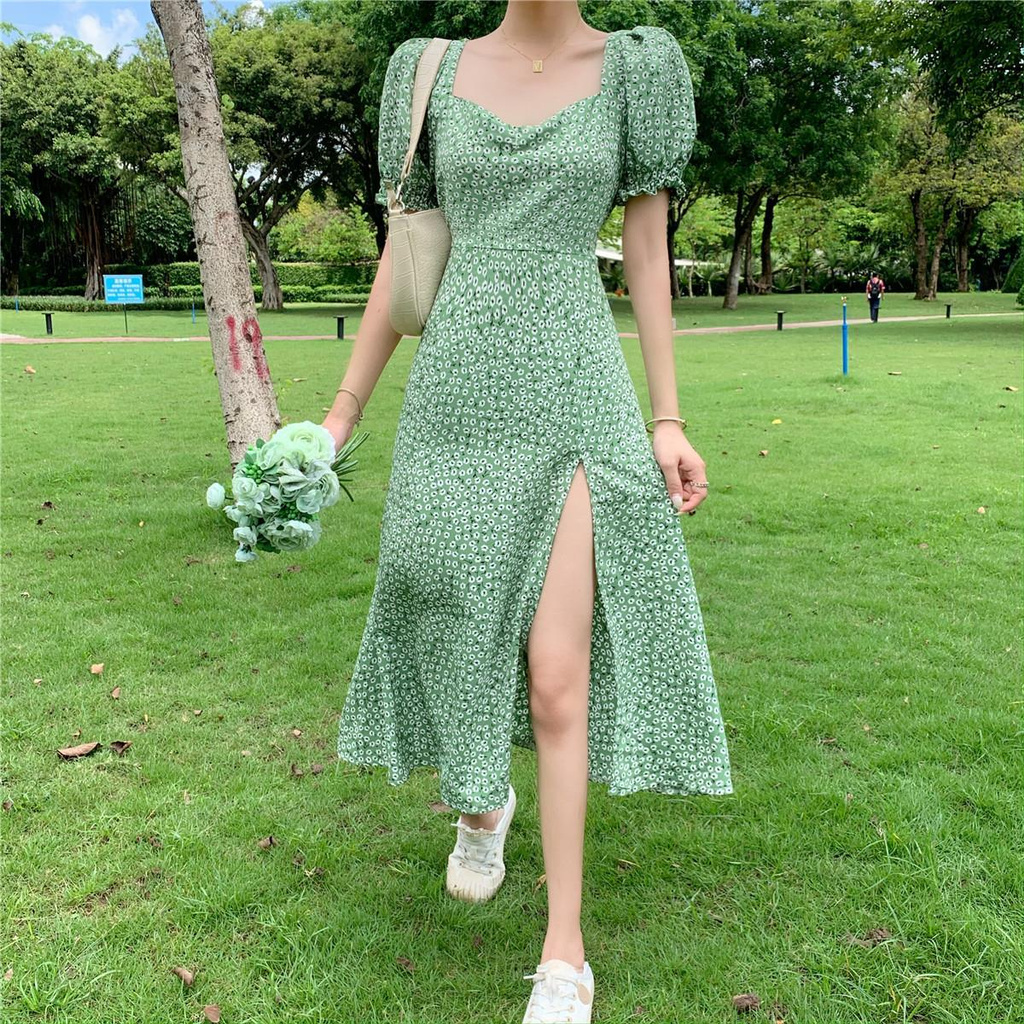 Đầm Hoa Dáng Dài Cổ Chữ V Phong Cách Hàn Quốc