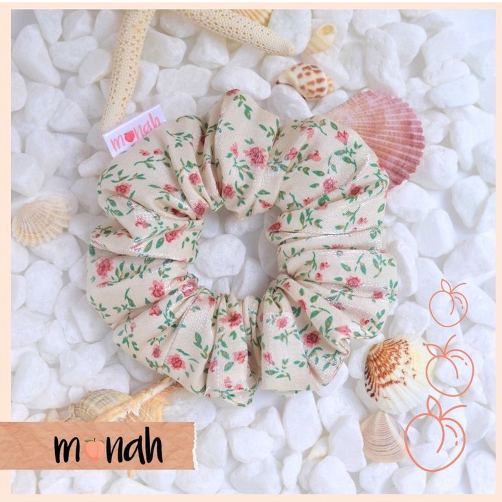 Dây buộc tóc, cột tóc scrunchie trắng hoa nhí lụa cao cấp