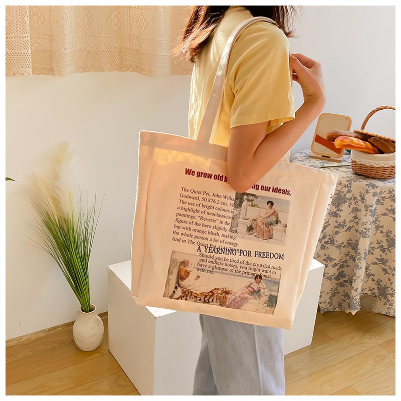 Túi vải tote canvas đáy vuông size lớn rộng rãi họa tiết vintage cho nữ