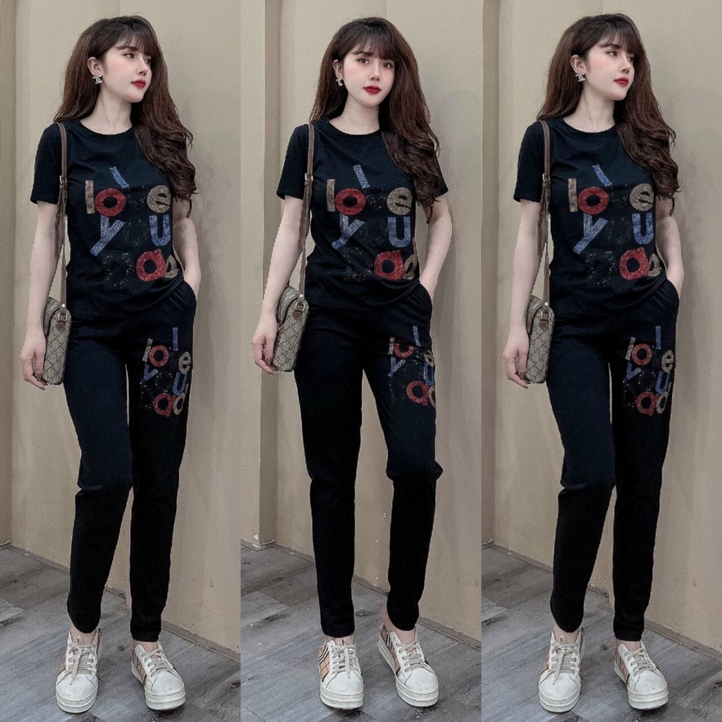 Đồ Bộ Nữ - Bộ Thể Thao Nữ Form Rộng Áo Màu Đen Phối Logo Chất Thun Cotton Đủ Size M,L,XL,XXL.