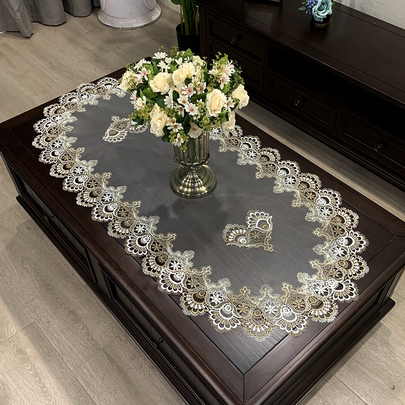 Khăn Trải Bàn Cà Phê Hình Oval Phối Ren Phong Cách Châu Âu Tối Giản