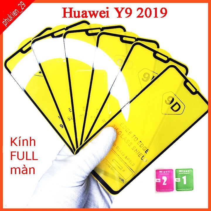 Kính cường lực Huawei Y9 2019 , Kính cường lực full màn hình, Ảnh thực shop tự chụp, tặng kèm bộ giấy lau kính