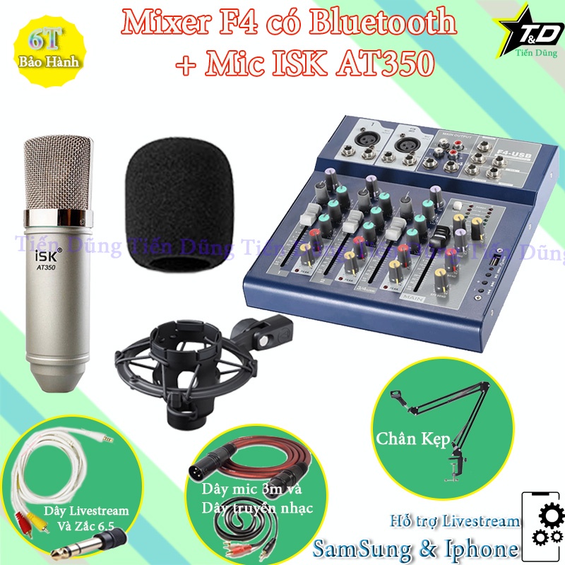 Combo mic thu âm AT350 mixer f4 có bluetooth chân dây livestream chế zắc 6.5 dây truyền nhạc dây mic 3m