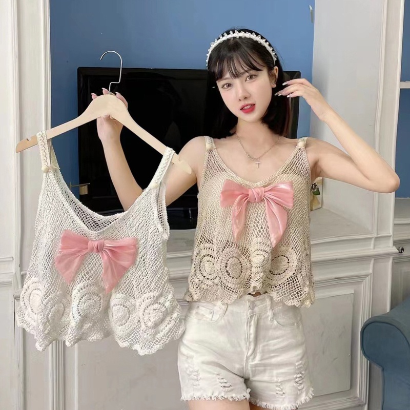 Áo Croptop Dệt Kim Hai Dây Thắt Nơ Dáng Rộng Dễ Thương Cho Bạn Gái