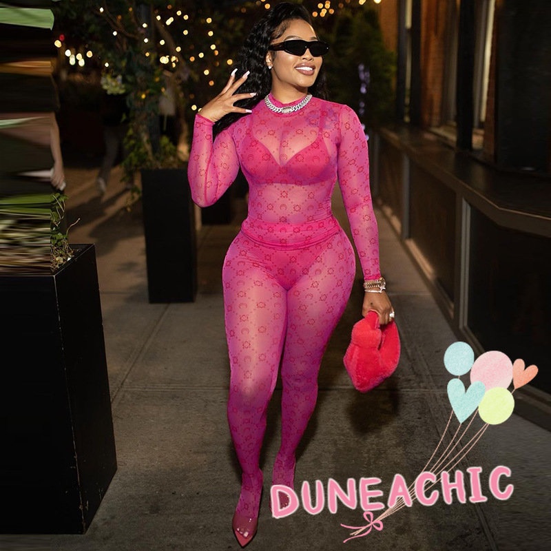 Set đồ DUNEA gồm áo thun tay dài xuyên thấu và quần dài lưng cao thời trang dành cho nữ