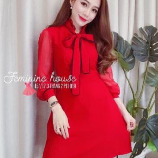 Đầm xòe cổ sơ mi tay phồng