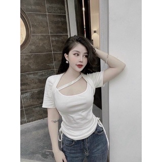 Áo croptop rút dây 2 bên cổ V Xinh .Áo tay ngắn rút dây A01