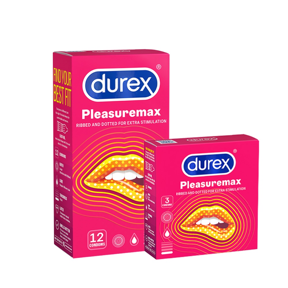 Bộ bao cao su Durex Pleasuremax gân gai, size 56mm, 1 hộp 12 bao và 1 hộp 3 bao