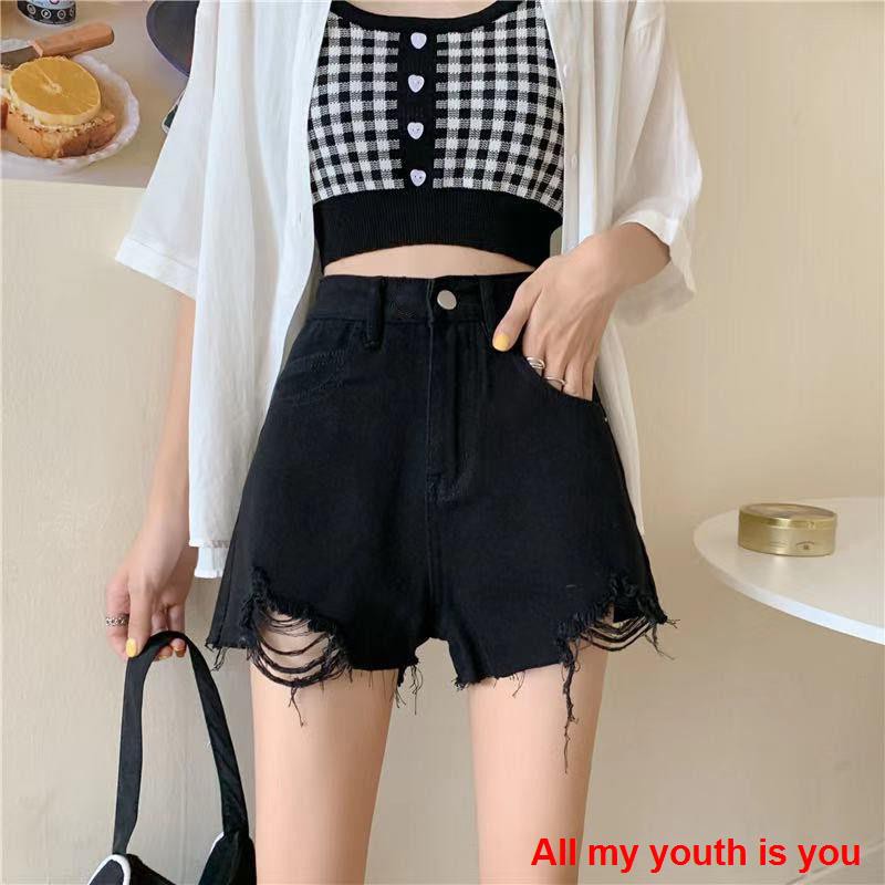 [Spot real shot 💕]quần soóc nữ   2021 new summer black ripped denim shorts for female students with high waist, loose, wide-leg, raw edge a-line hot pants trend