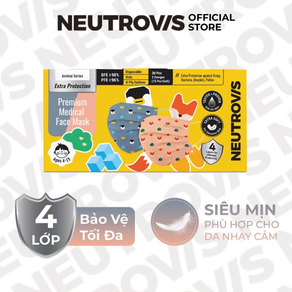 Hộp 30 cái khẩu trang y tế trẻ em cao cấp Neutrovis 4 lớp kháng khuẩn - Chim &amp; Cáo
