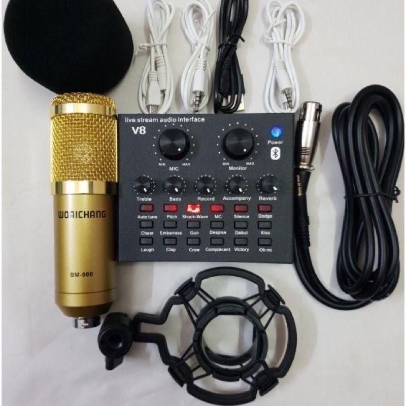 Combo bộ livestream thu âm karaoke Sound card V8 MIC BM900 , Tặng kèm tai nghe