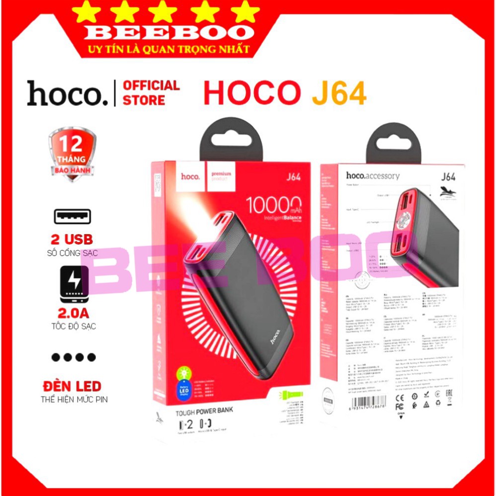 ✔️CHÍNH HÃNG✔️Sạc Dự Phòng Hoco J64 ✔10000mAh ✔️  Có đèn pin tiện dụng ✔️ Sạc 2 Thiết Bị Cùng Lúc ✔️ Chất liệu cao cấp