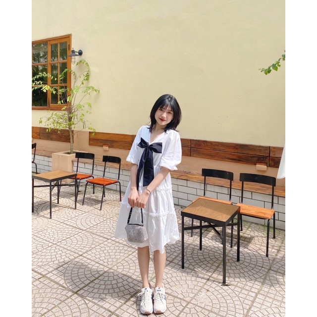 [KÈM VIDEO-ẢNH THẬT] Đầm công chúa xinh xắn 2 lớp tay phồng dáng xoè màu trắng đính nơ, Váy babydoll nữ -ShynCloset | BigBuy360 - bigbuy360.vn