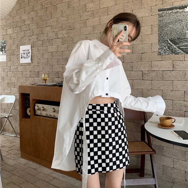 IELGY Áo Sơ Mi Dây Rút Rộng Đa Năng Phiên Bản Hàn Quốc Và Váy Kẻ Caro