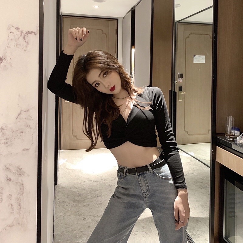Áo croptop xoắn ngực tay dài, Áo Croptop Cổ V Khoét Sâu Xoắn Ngực Tay Dài Tôn Dáng Gợi Cảm A2171