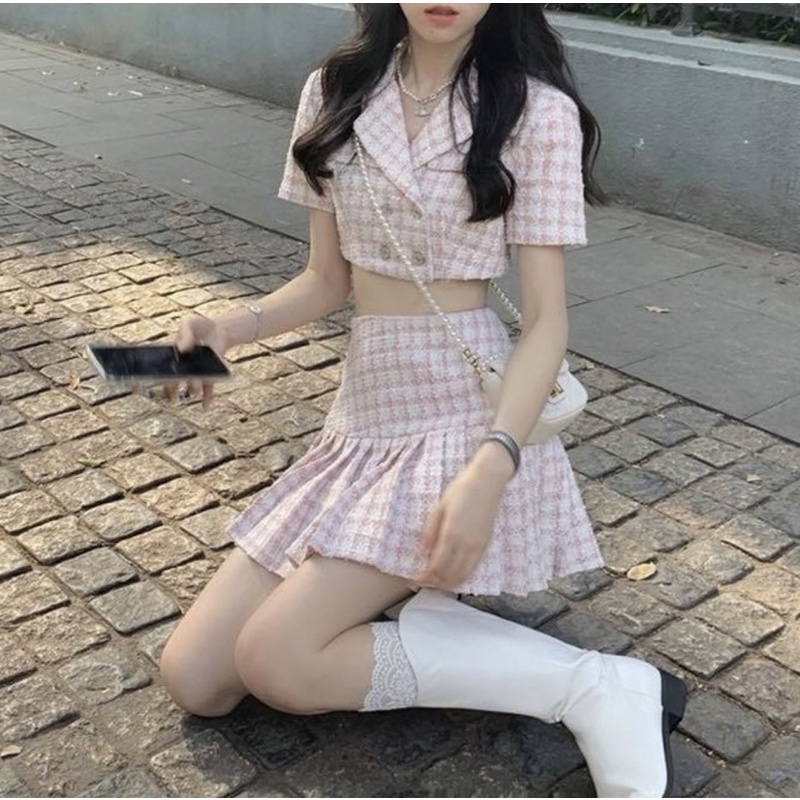 Set tweed nữ áo vest cardigan croptop phối ren và chân váy ngắn lưng cao xoè xếp ly peplum sọc caro -Order