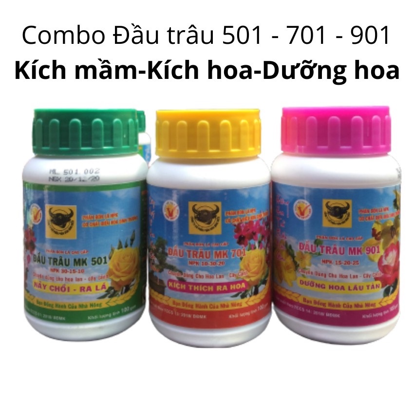 Bộ 3 chai phân bón phân bón Đầu Trâu 100gram: Ra chồi lá - Kích ra hoa - Dưỡng hoa