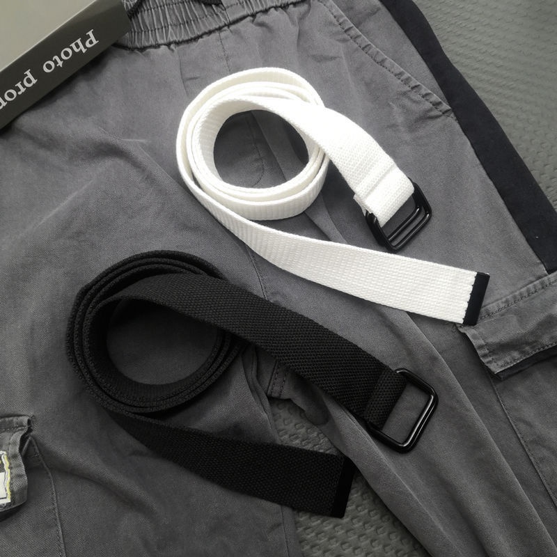 Thắt Lưng Vải Canvas Hai Khóa Cài Màu Trắng / Đen Đơn Giản Dễ Phối Đồ Thời Trang Cho Nam Và Nữ