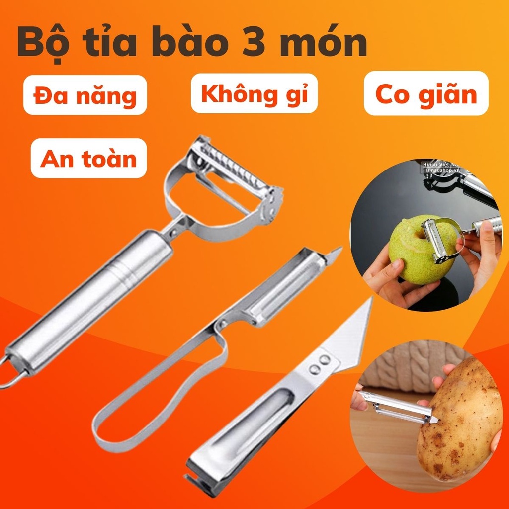 Bộ 3 Dụng Cụ Dao Gọt Tỉa Hoa Quả Nạo Vỏ Bào Sợi Nhíp Lông Bằng Thép Không Gỉ Tiện Dụng Cho Nhà Bếp