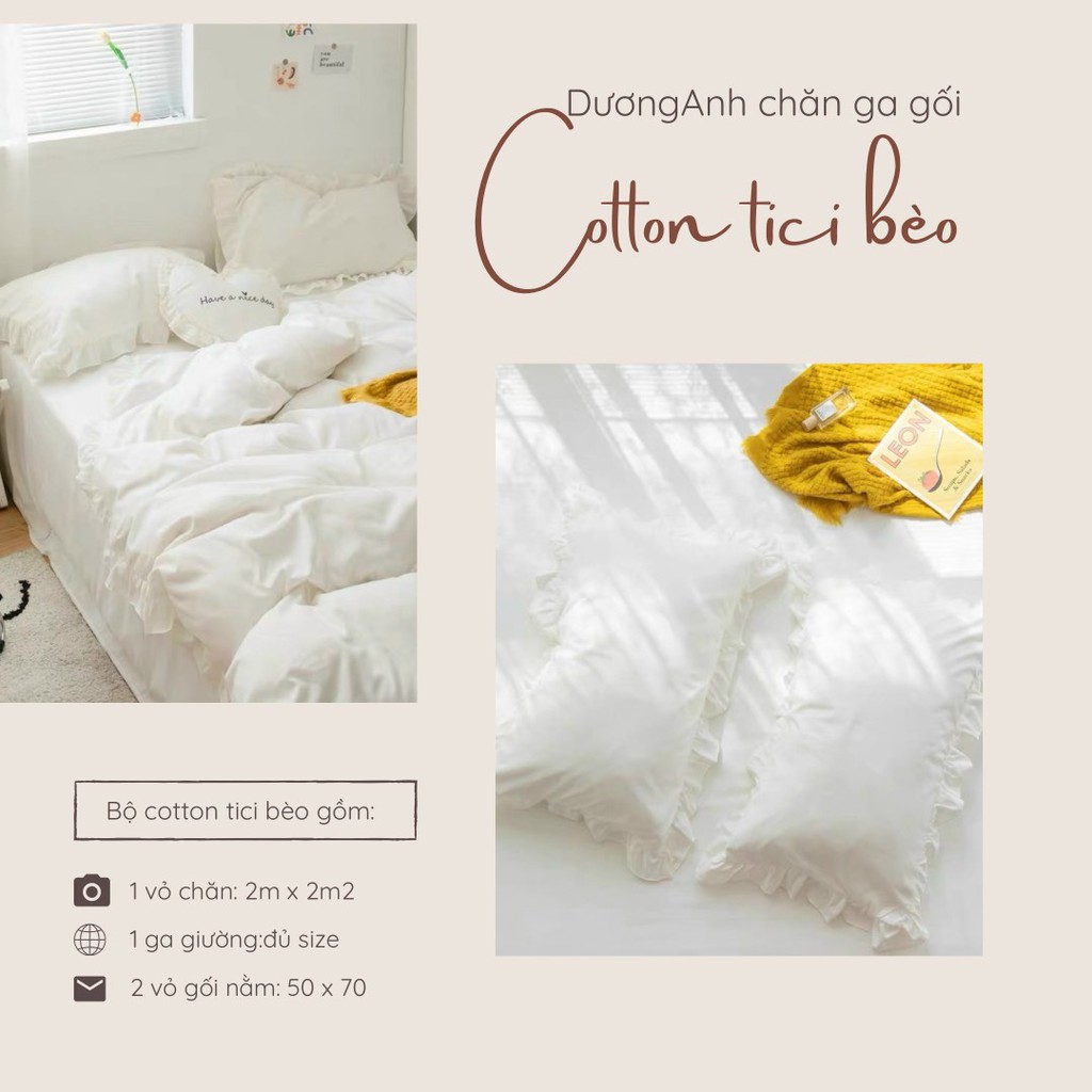 Bộ chăn ga gối Cotton tici viền bèo đáng yêu drap giường Hàn quốc ga trải bo chun đủ size - Màu trắng viền bèo.