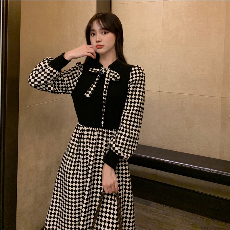 SUXI Đầm midi chữ A tay dài phong cách Hàn Quốc