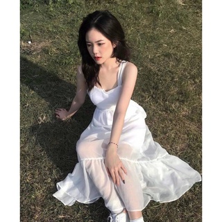 Váy Maxi trắng 2 dây buộc nơ lưng đuôi cá
