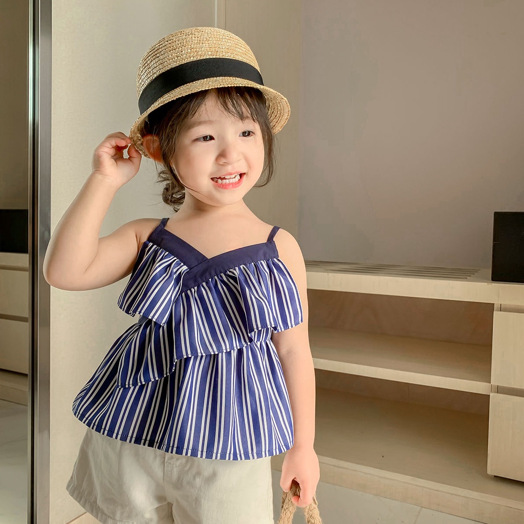 Bộ Đồ Áo Hai Dây Họa Tiết Kẻ Sọc Phong Cách Hàn Quốc Nhật Bản Thời Trang Mùa Hè Hàng Mới Dành Cho Bé Gái 2022