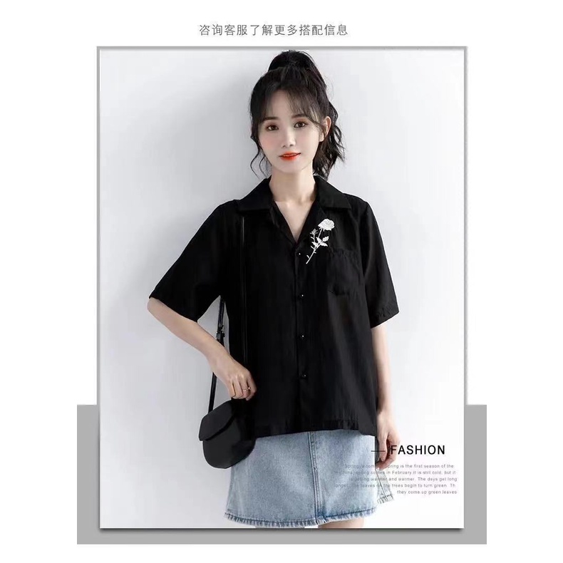 Áo Sơ Mi Đen Ngắn Tay In Họa Tiết Hoa Phong Cách Retro Mùa Hè Cho Nữ 2022