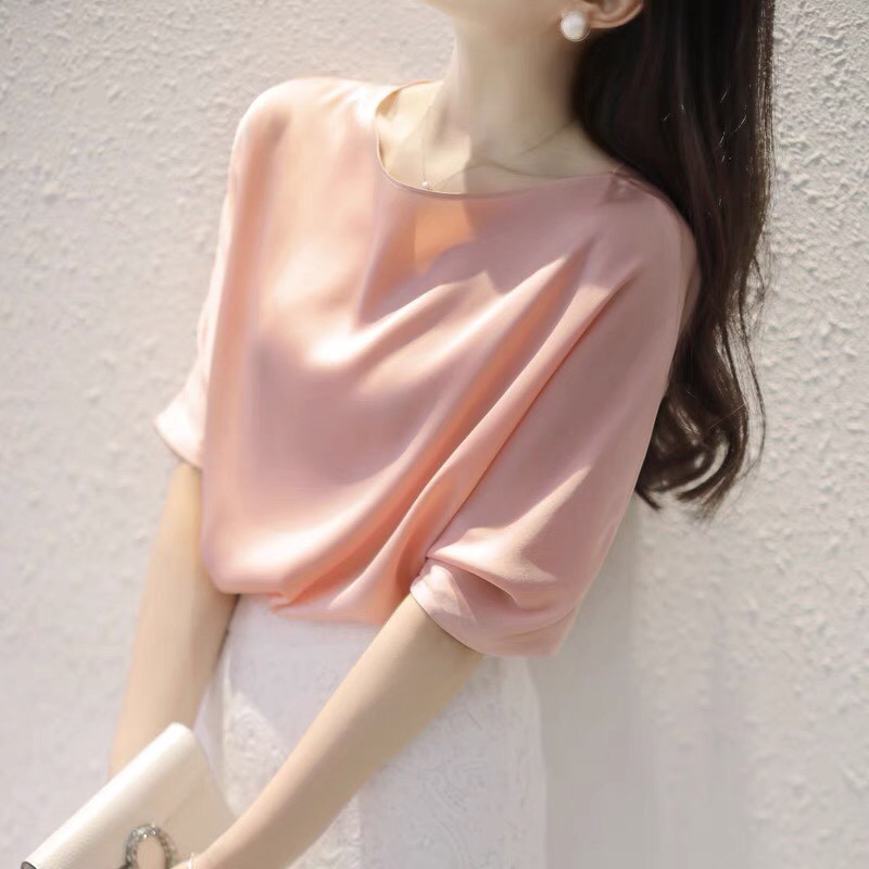 Áo phông lụa lạnh nữ công sở tay lỡ vải cao cấp thun lụa form rộng cổ tròn mát mẻ sanh chảnh mặc đi làm dạo phố du lịch