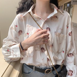 (ORDER- Sẵn đen) Áo sơ mi nữ voan dài tay họa tiết Angel In BF Wind Retro style Hàn Quốc