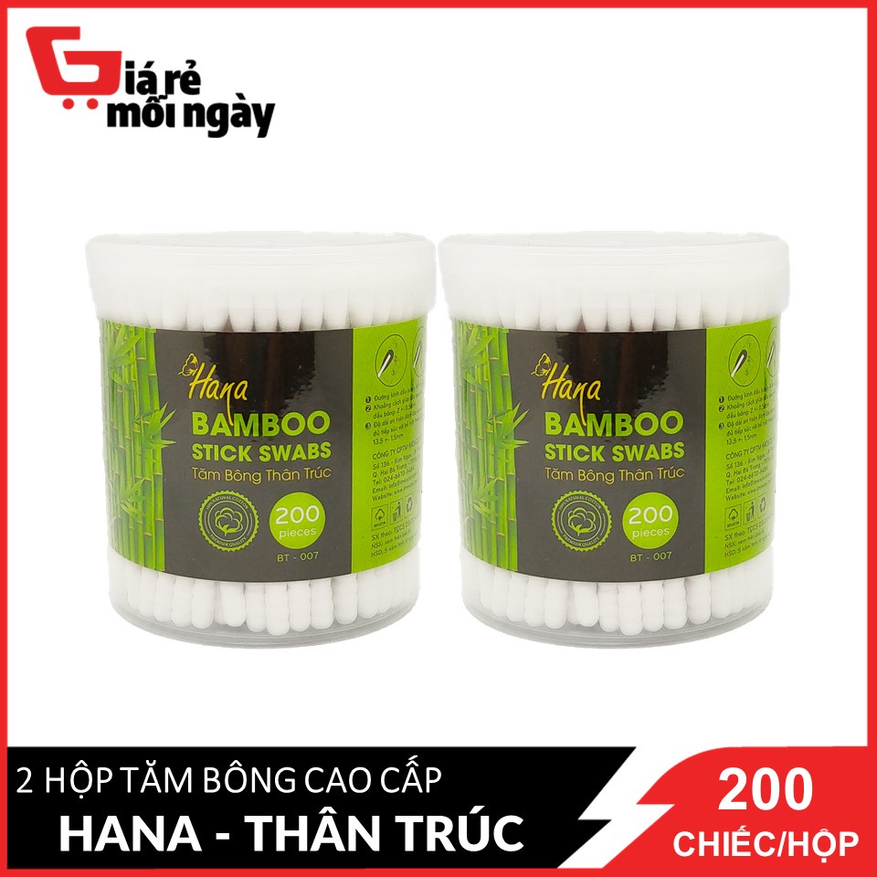 COMBO 2 Gói Tăm bông Hana hộp tròn thân trúc (Xanh Lá) 200 chiếc X2